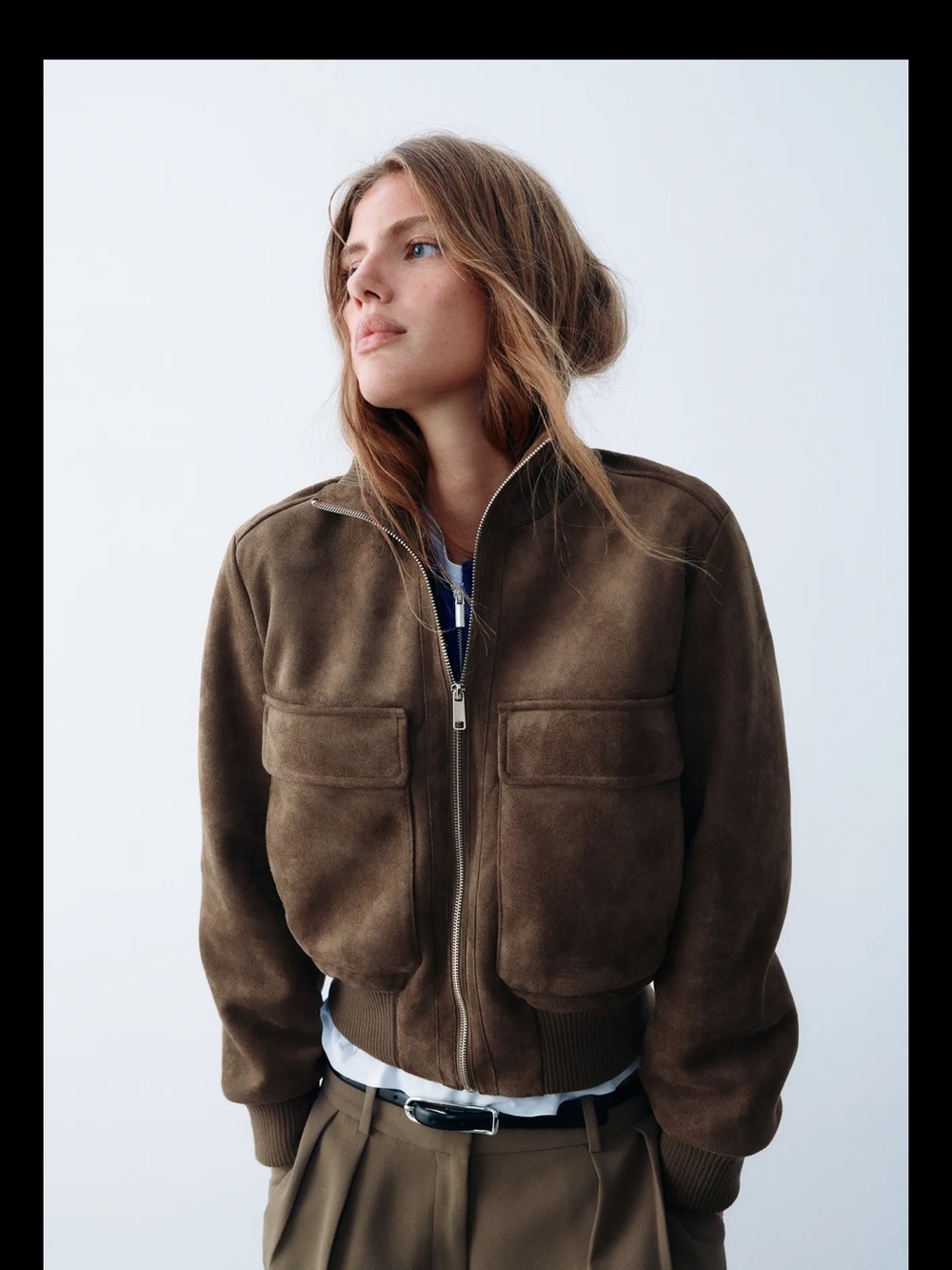 Zara Men’s Chest-Pocket Brown Suede Bomber Jacket